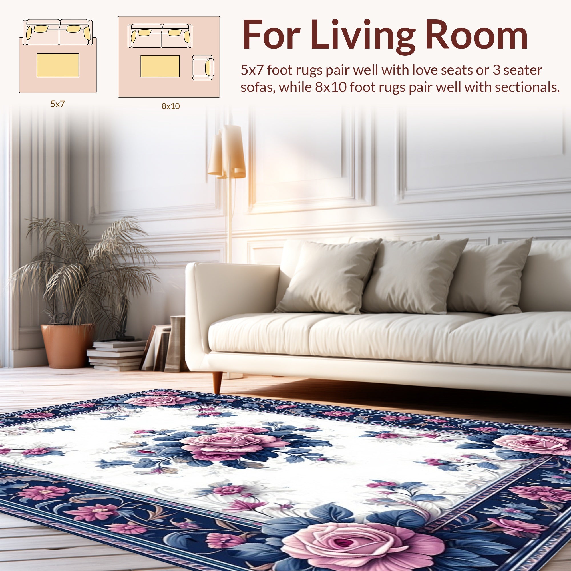 Pink Rose Floral Dark Blue Border Rug