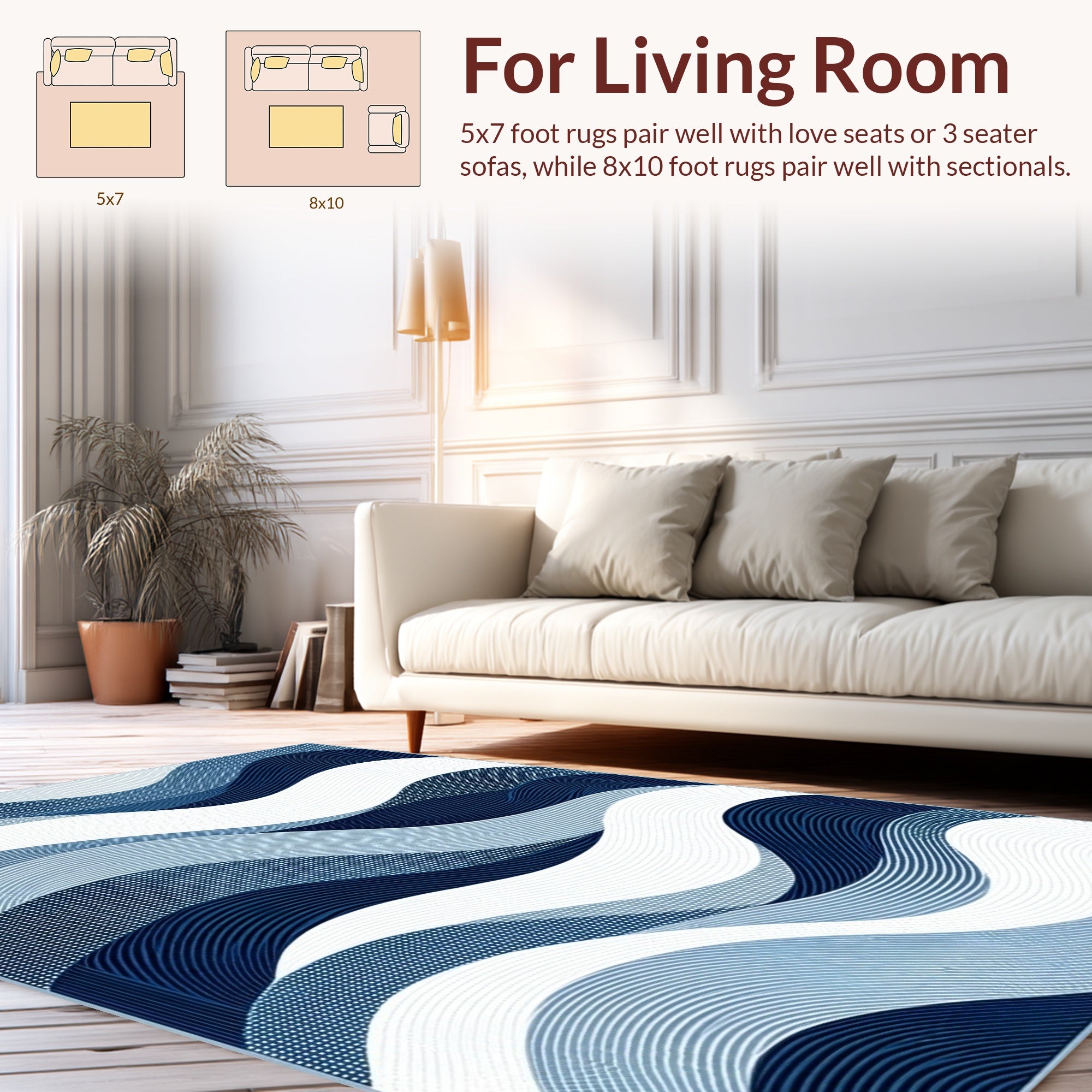 Abstract Blue Wave Line Pattern Rug