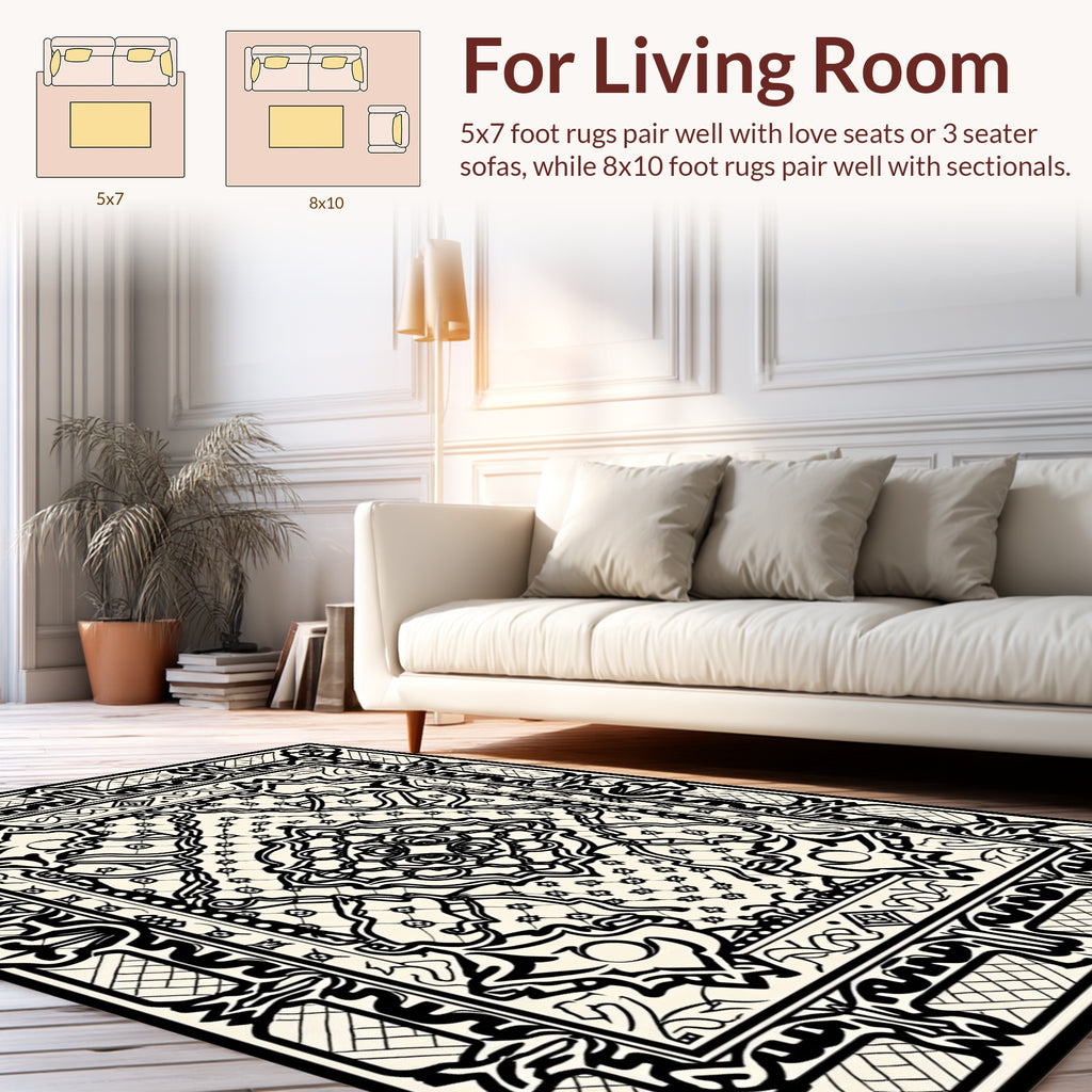 Intricate Black Geometric Symmetry Rug