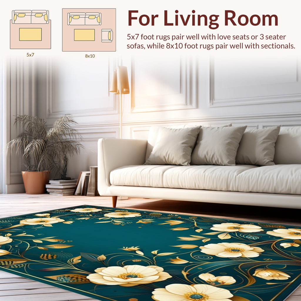 Elegant Floral Gold Accented Teal Rug