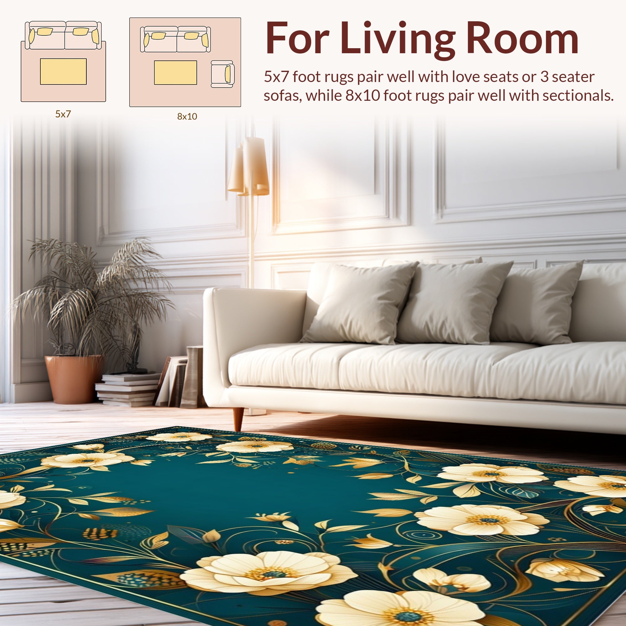 Elegant Floral Gold Accented Teal Rug