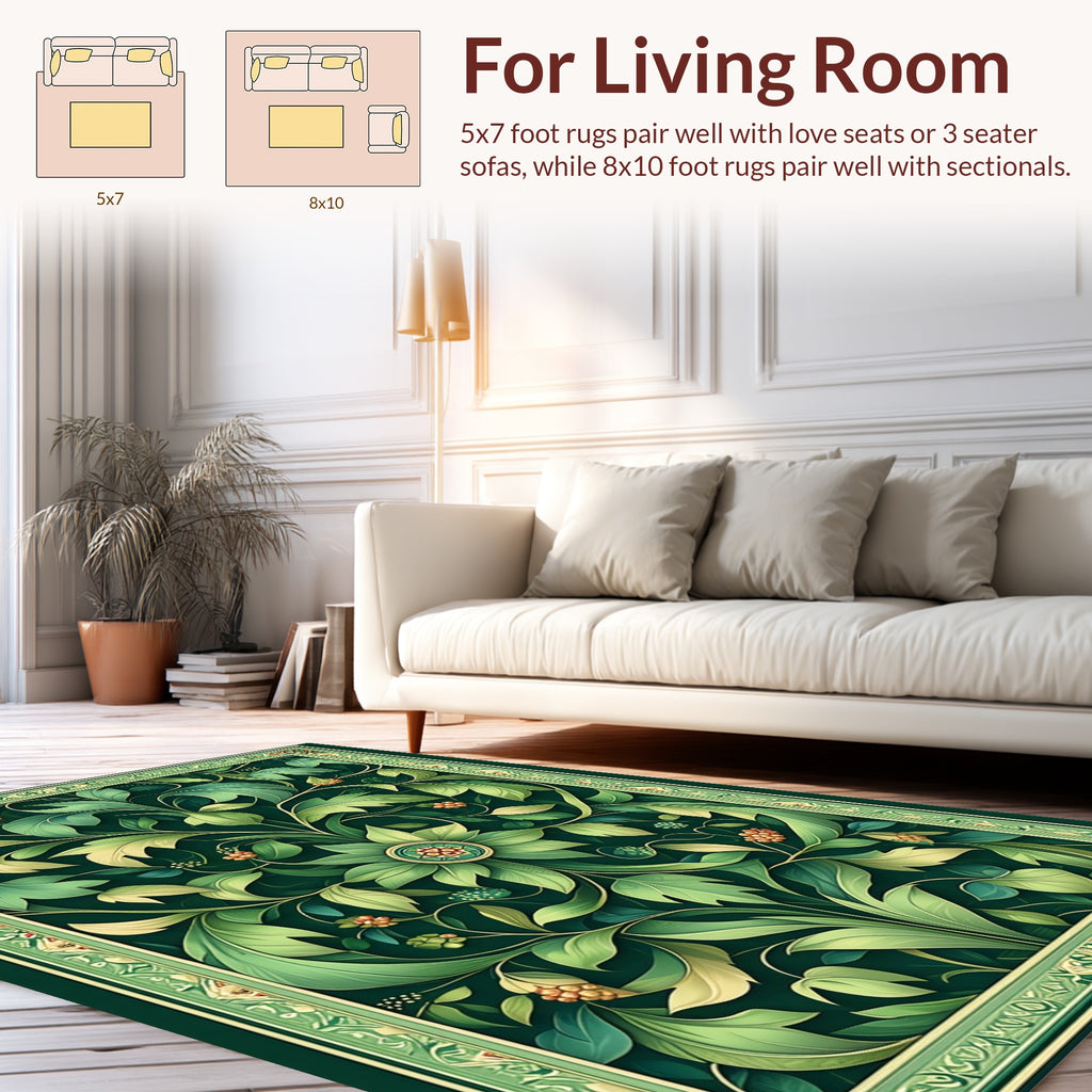 Ornate Green Floral Scrollwork Rug