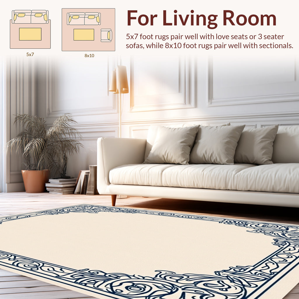 Ornate Blue Vine Scroll Border Design Rug