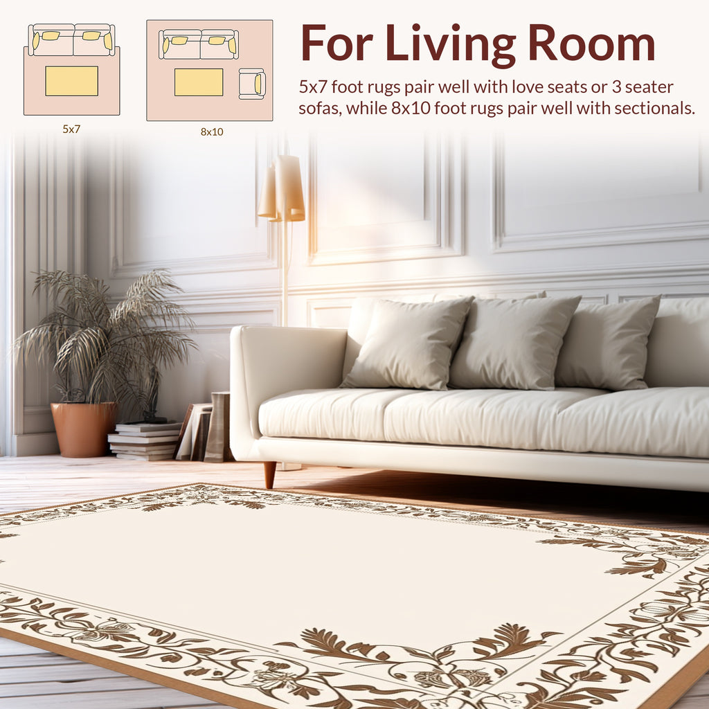 Ornate Brown Floral Scroll Border Rug