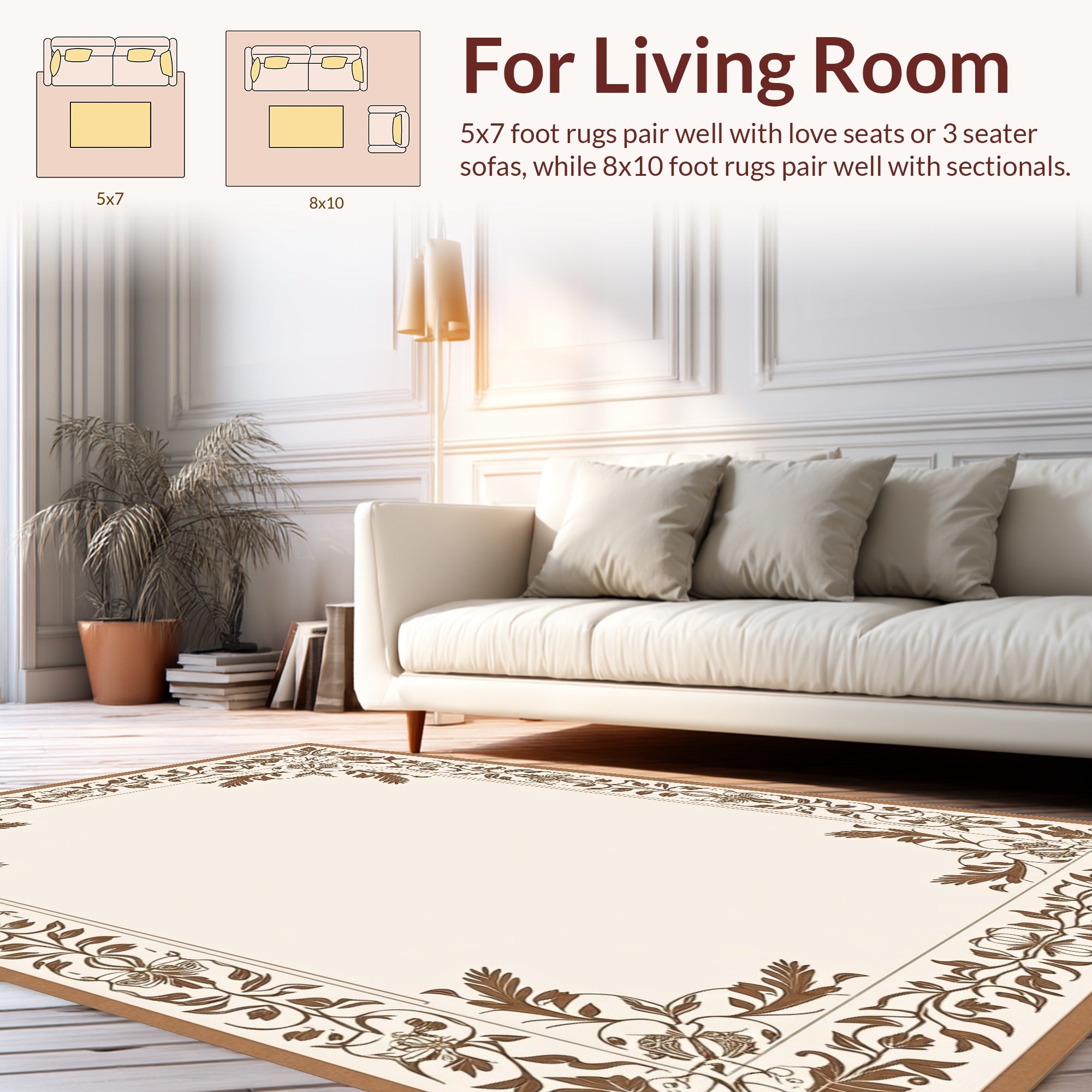 Ornate Brown Floral Scroll Border Rug