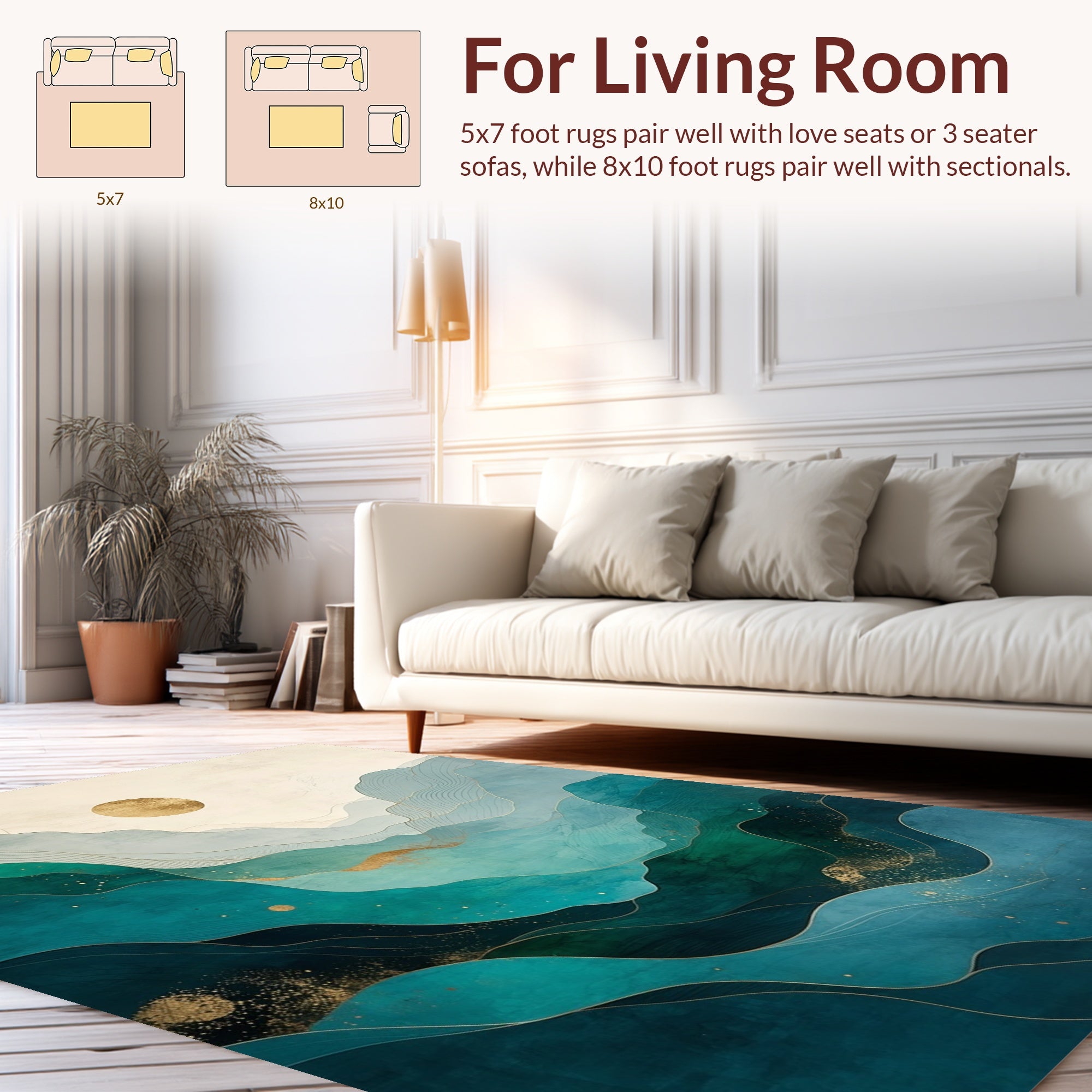 Serene Turquoise Gold Mountainscape Design Rug