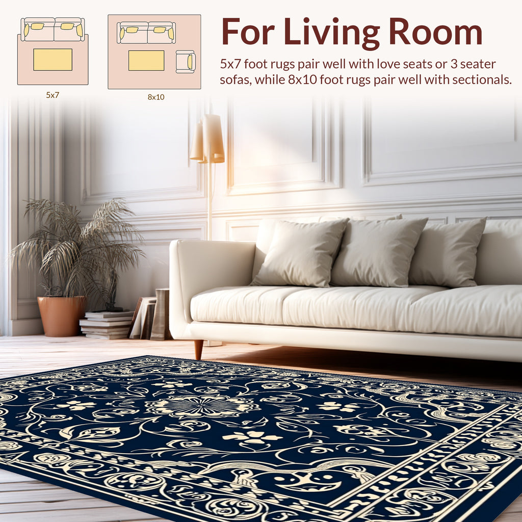 Elegant Floral Swirl Cream Navy Rug