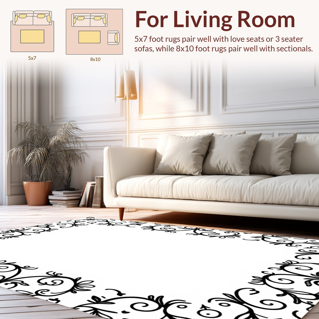 Black Floral Swirl Leaf Pattern Rug