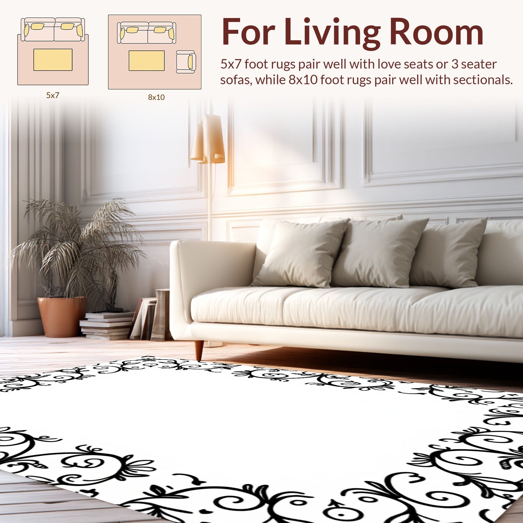 Black Floral Swirl Leaf Pattern Rug