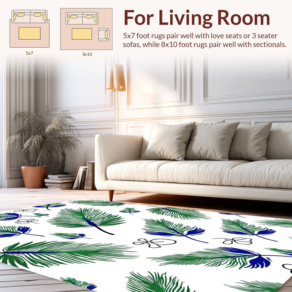 Green Blue Feather Floral Pattern Rug