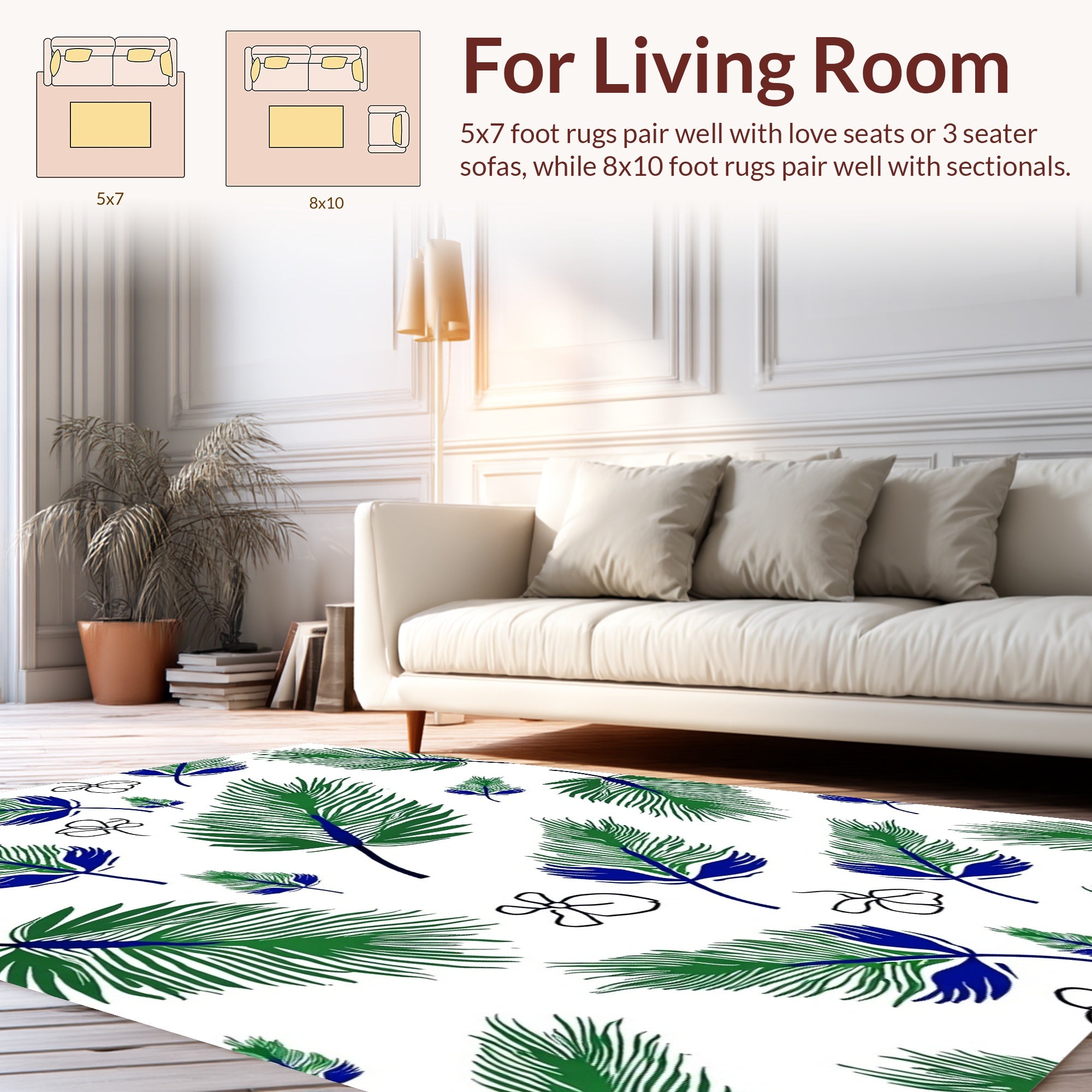 Green Blue Feather Floral Pattern Rug