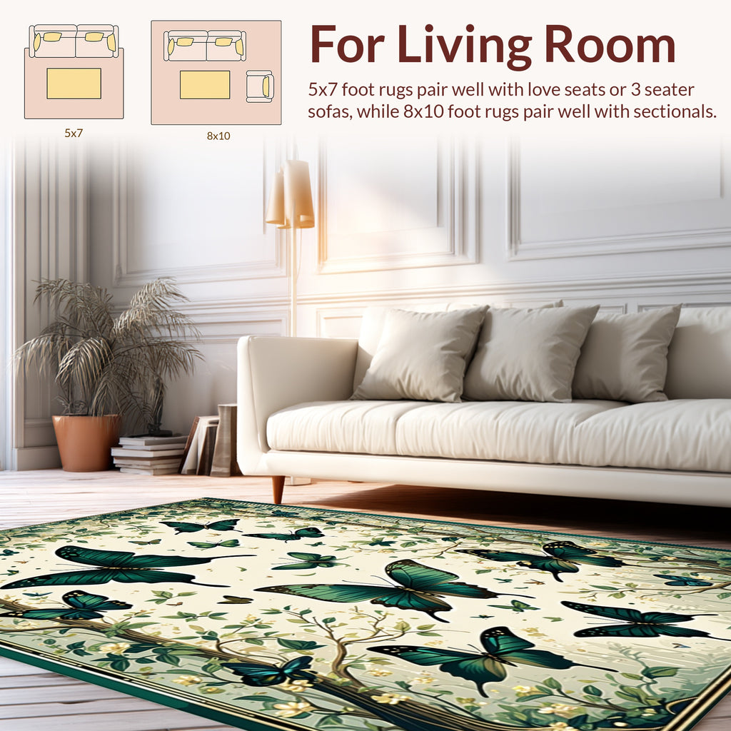 Emerald Butterflies on Verdant Branches Rug