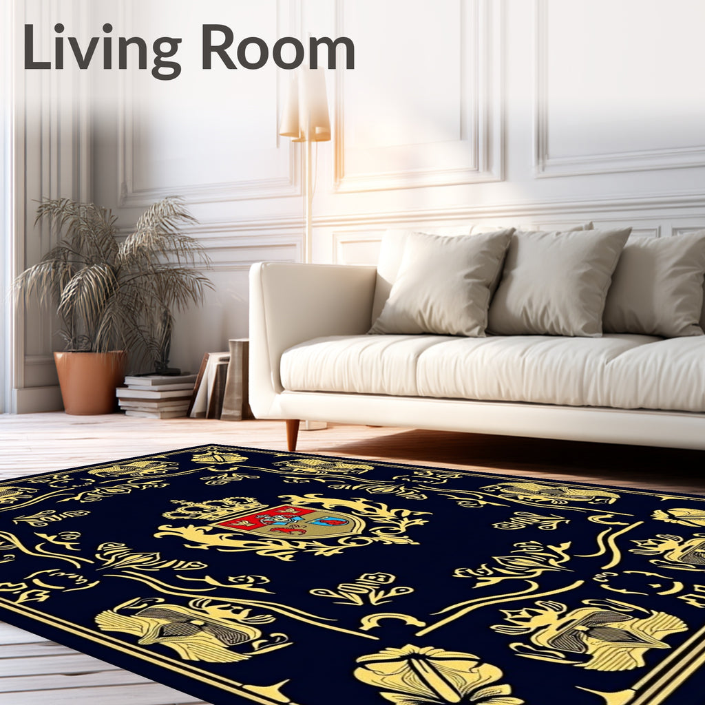 Navy Gold Crested Scrollwork Blanket Rug