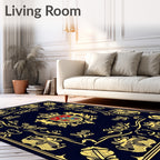 Navy Gold Crested Scrollwork Blanket Rug