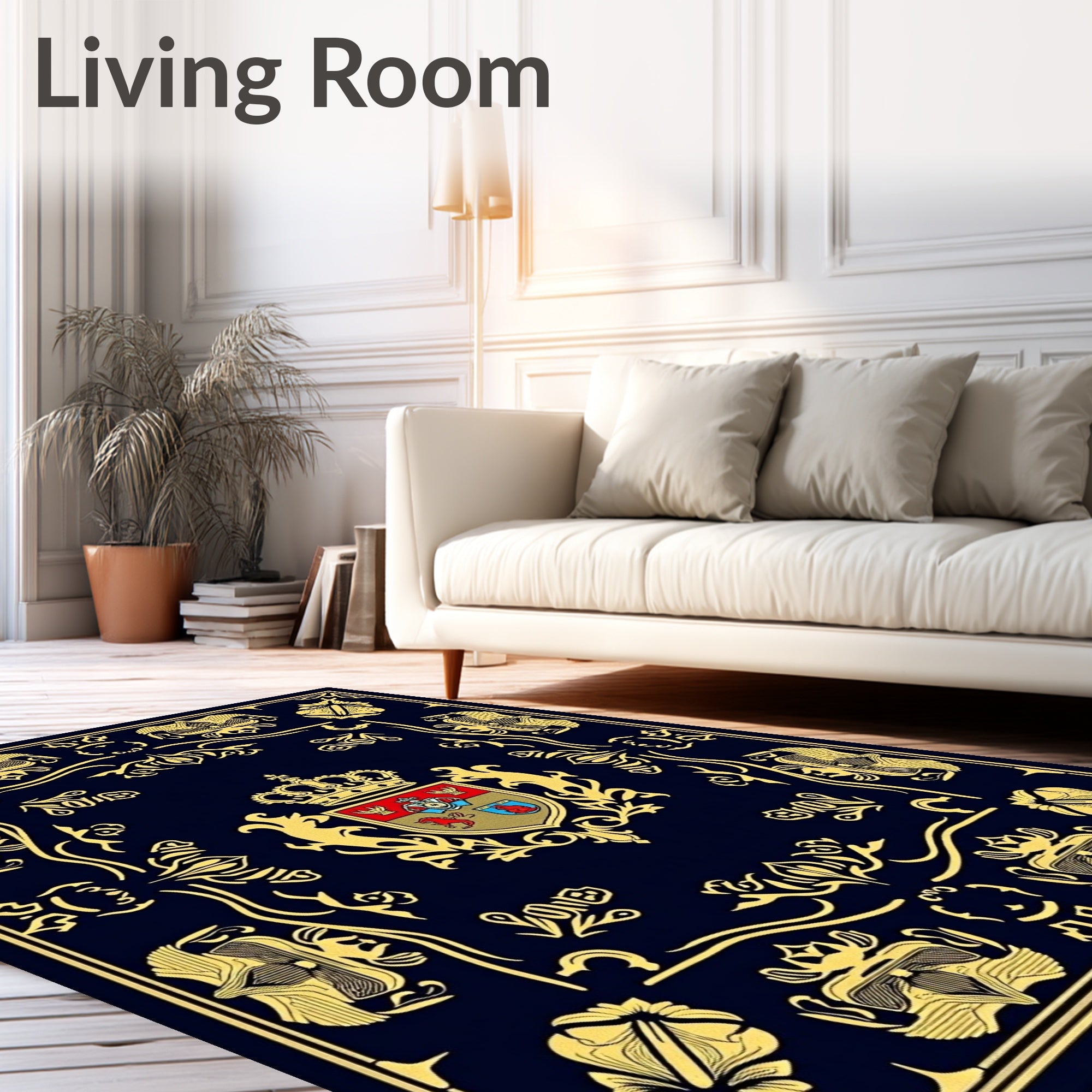 Navy Gold Crested Scrollwork Blanket Rug