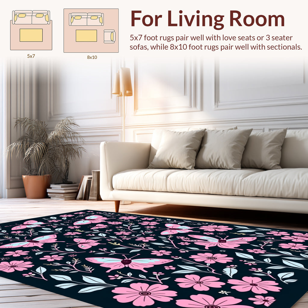 Pink Butterfly Floral Garden Print Rug