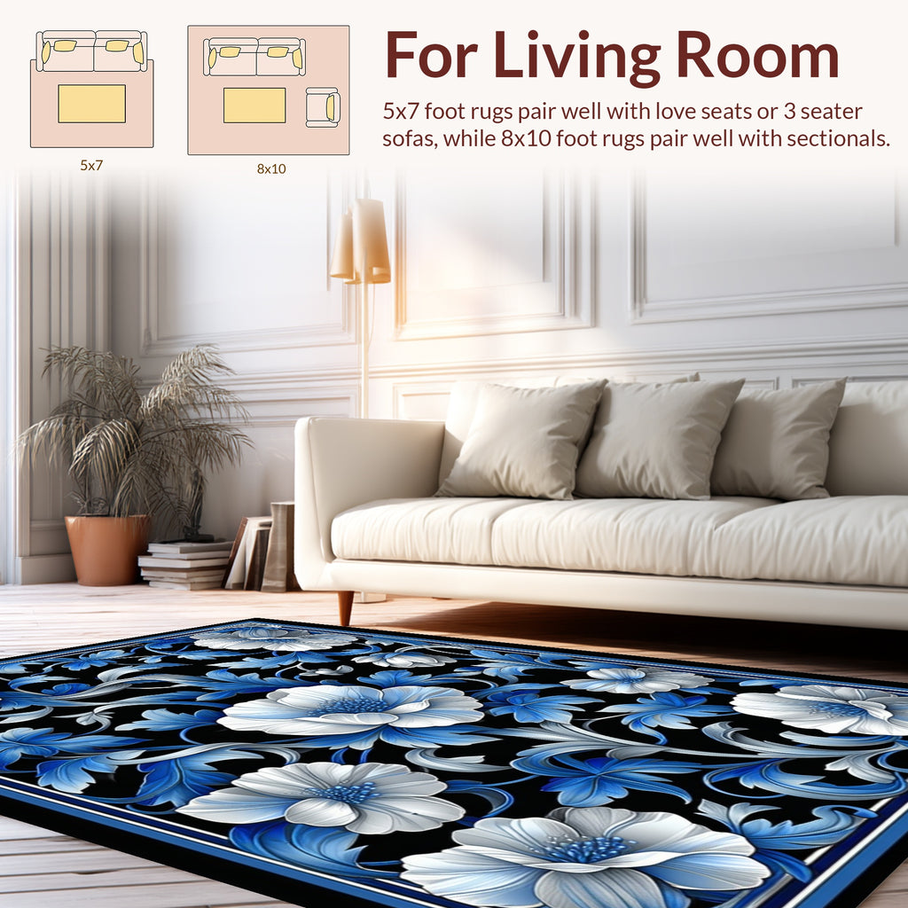 Elegant Blue White Floral Arabesque Pattern Rug