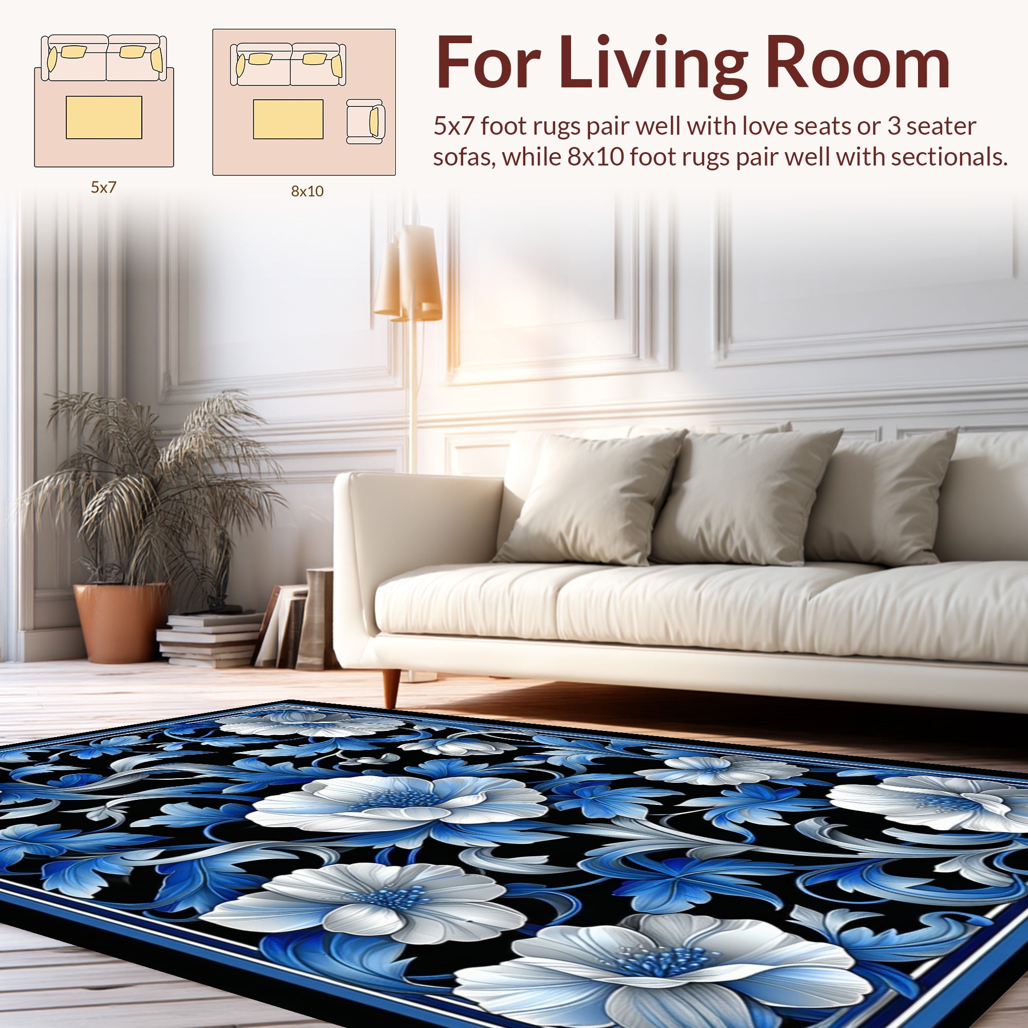 Elegant Blue White Floral Arabesque Pattern Rug
