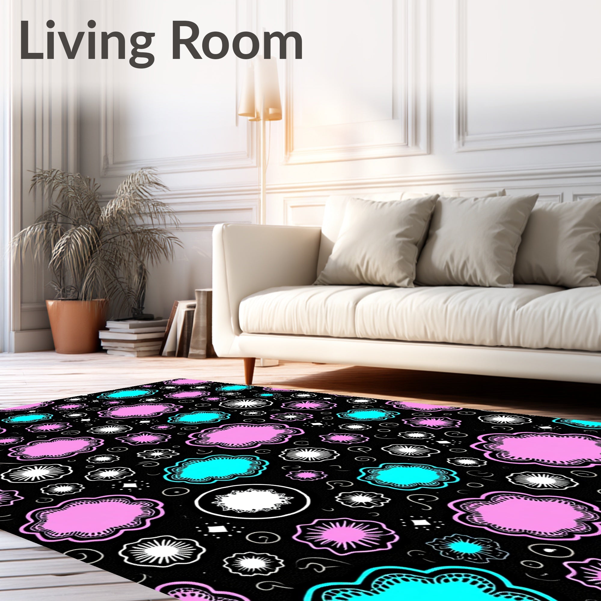 Pink Cyan Floral Whimsical Patchwork Rug