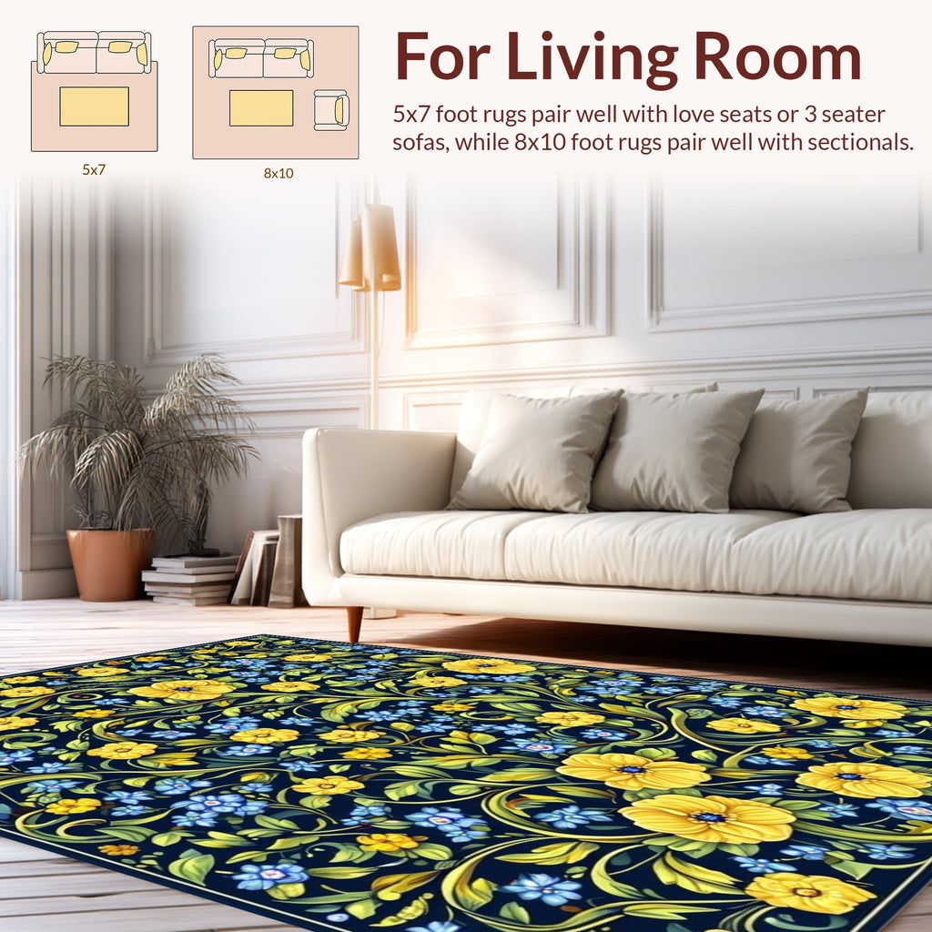 Vibrant Yellow Blue Floral Pattern Rug