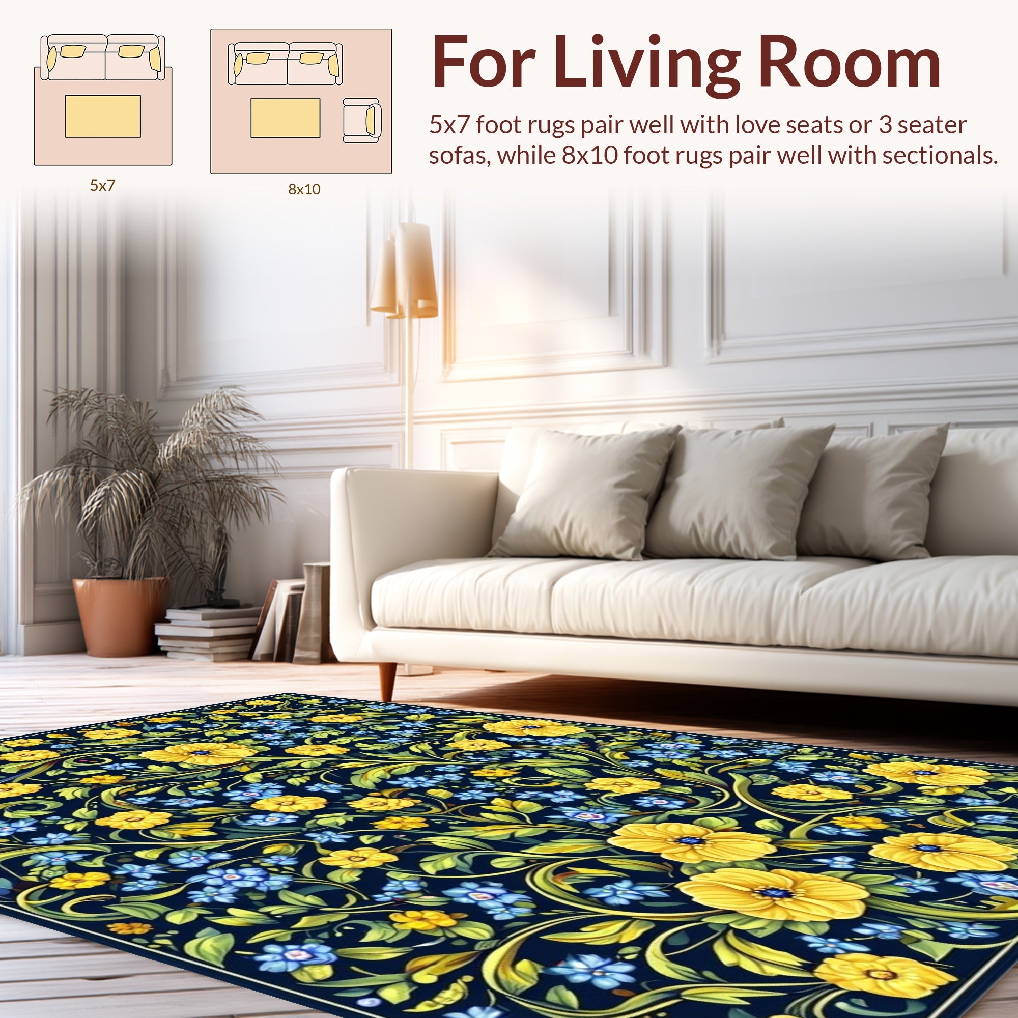 Vibrant Yellow Blue Floral Pattern Rug