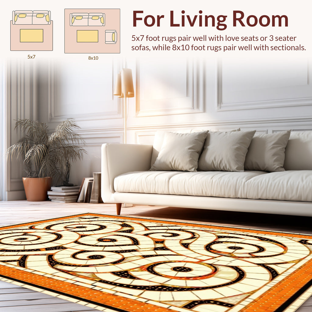 Ornate Swirl Graphic With Orange Border Rug