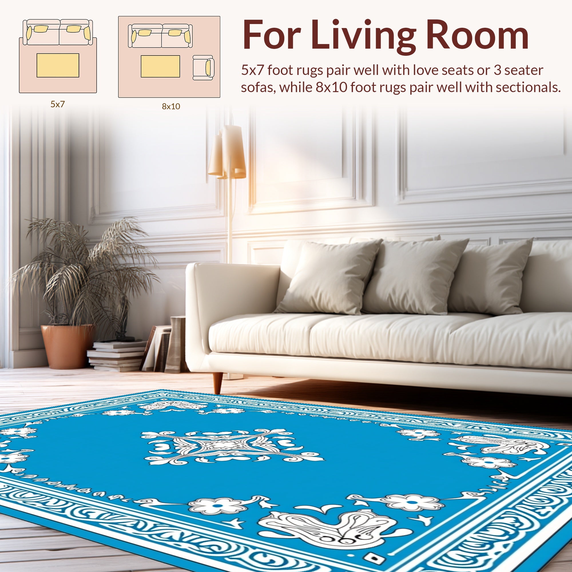 Bright Blue Ornamental Floral Pattern Rug