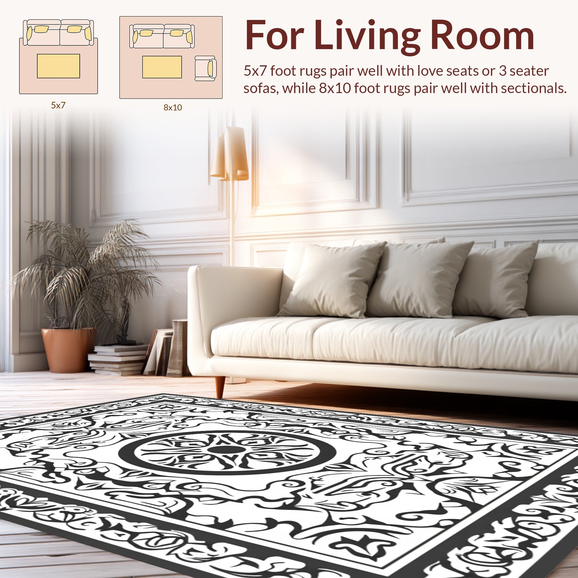 Intricate Black White Floral Medallion Rug