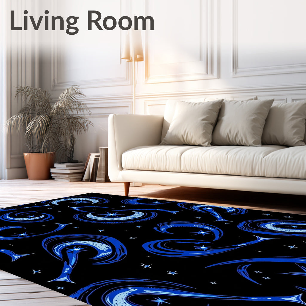 Abstract Blue Cosmic Crescent Stars Rug