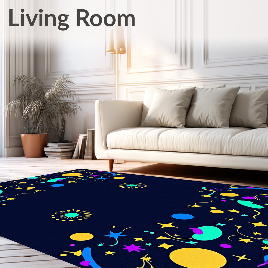 Vibrant Confetti Stars on Navy Background Rug