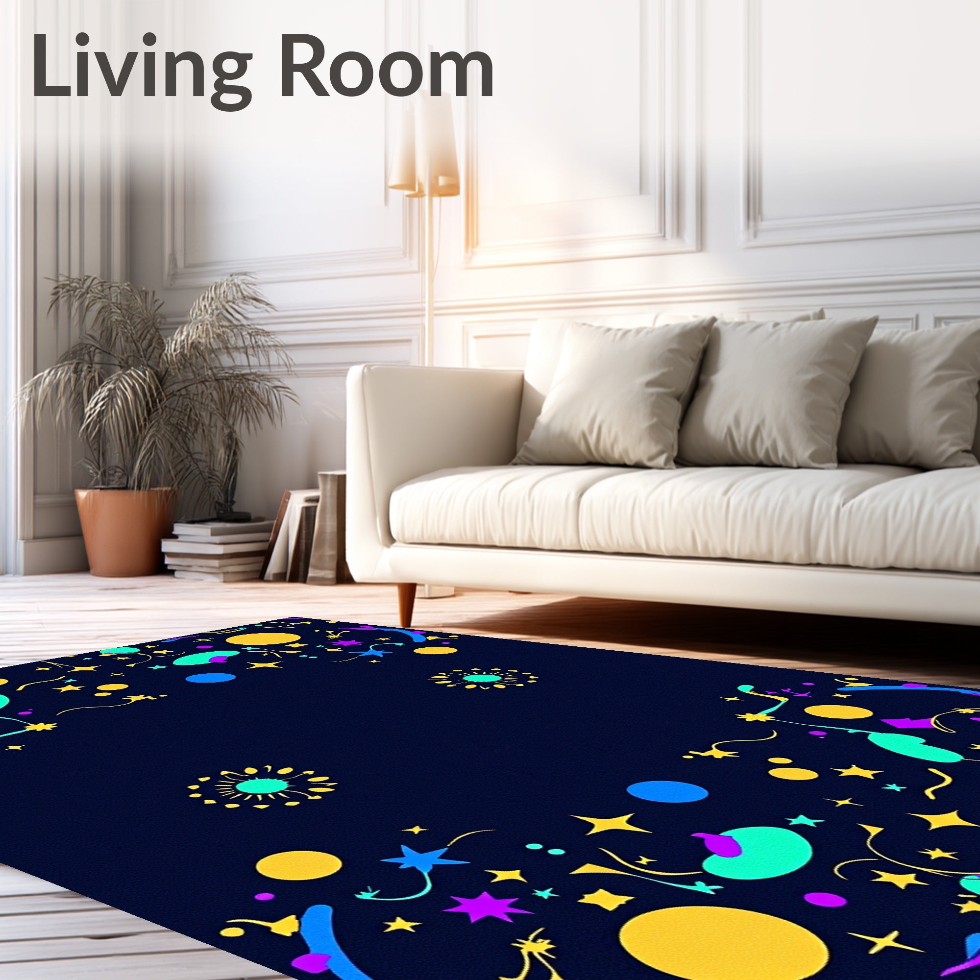 Vibrant Confetti Stars on Navy Background Rug