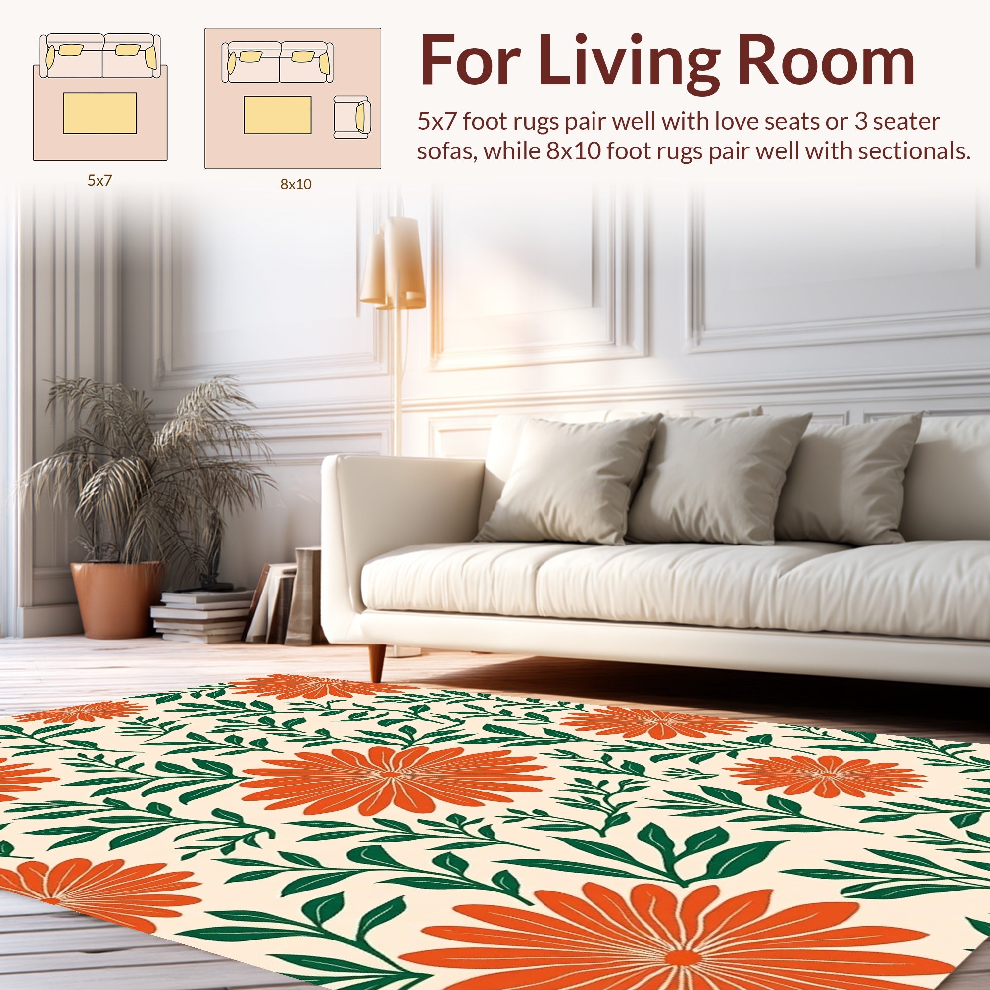 Bold Orange Flower Leaf Pattern Rug