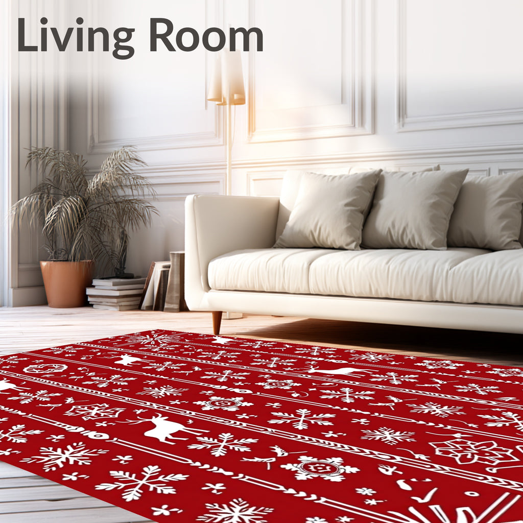 Red White Deer Snowflake Border Jacquard Rug