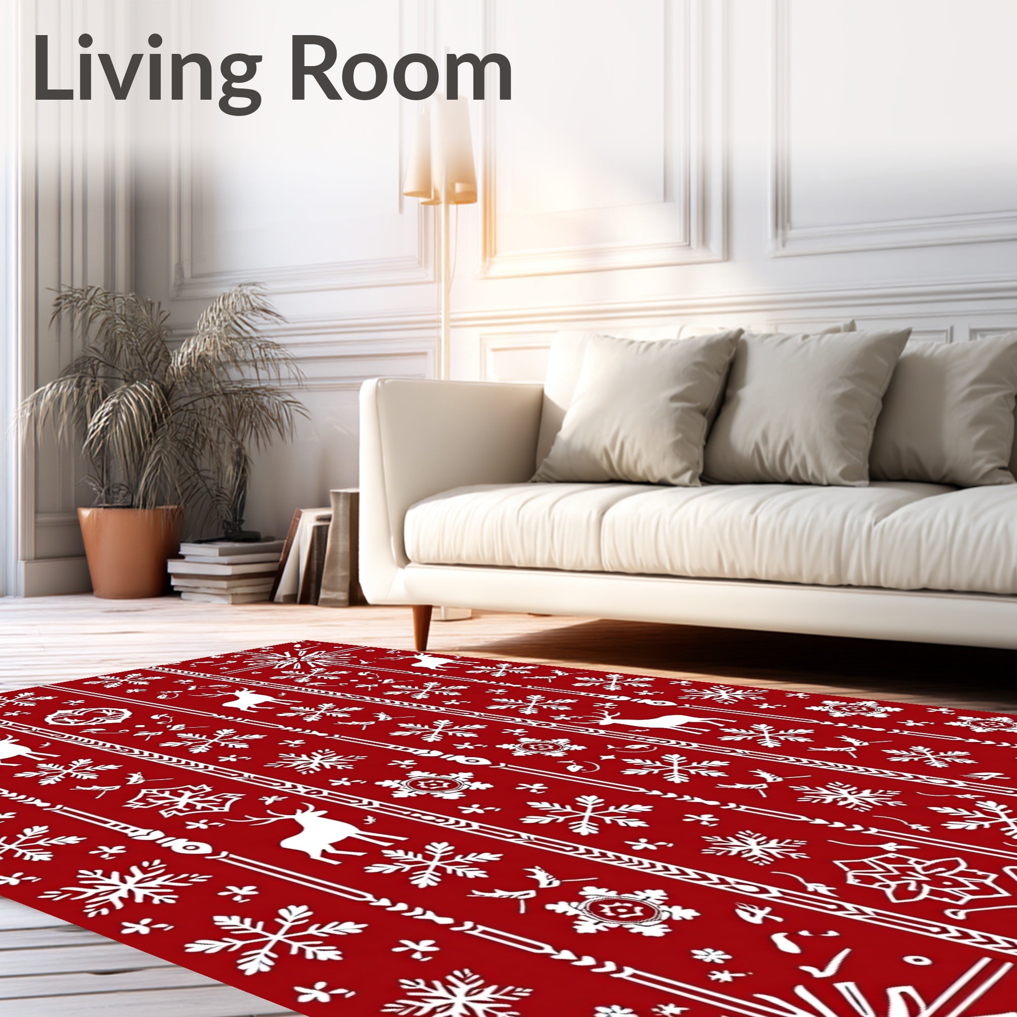 Red White Deer Snowflake Border Jacquard Rug