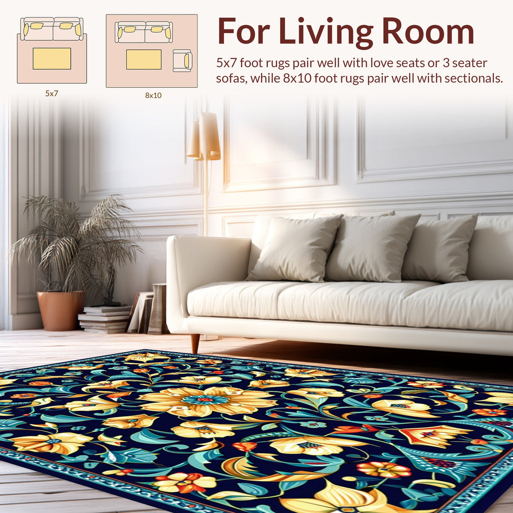 Ornate Floral Scrollwork In Navy Rug