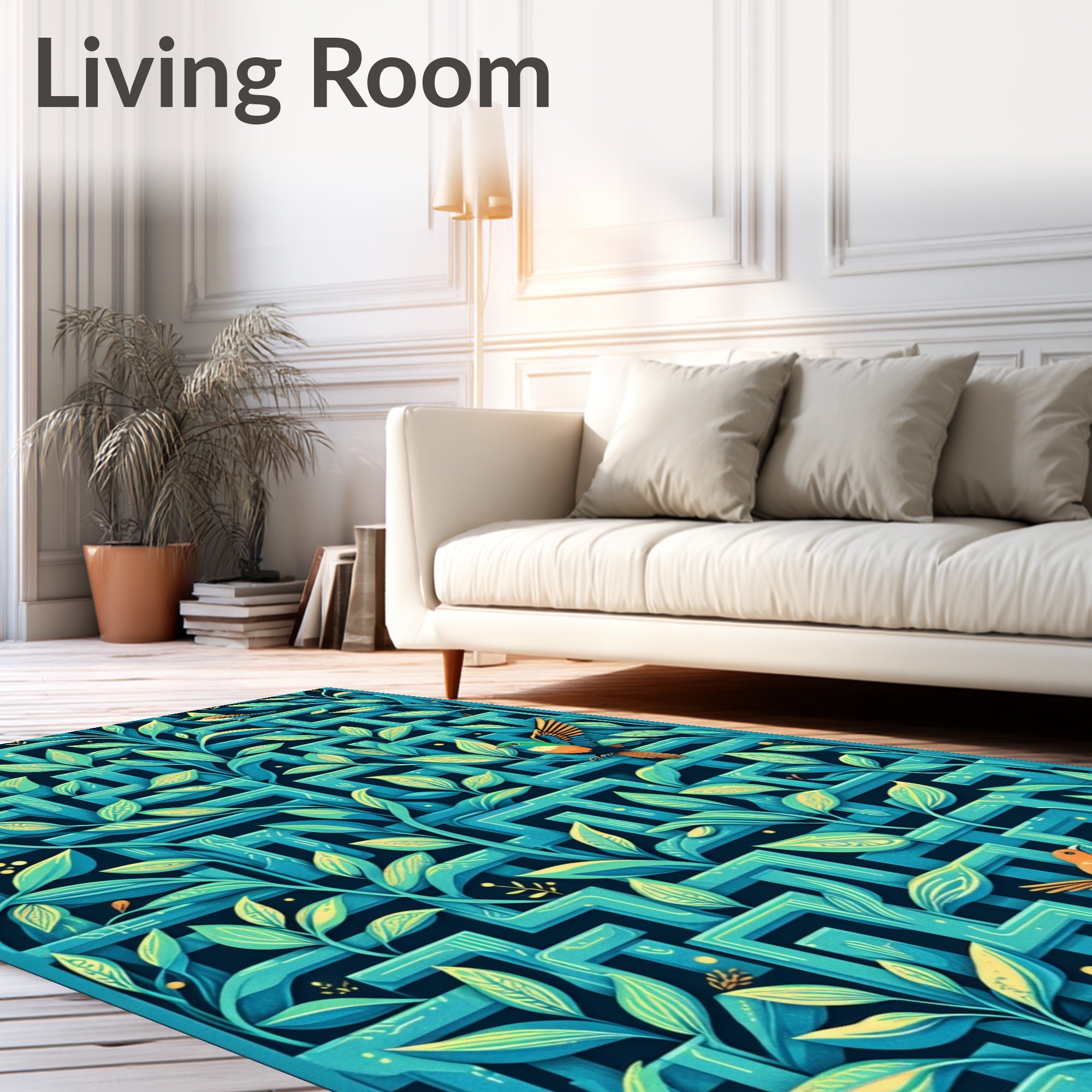 Abstract Teal Geometric Garden Birds Rug