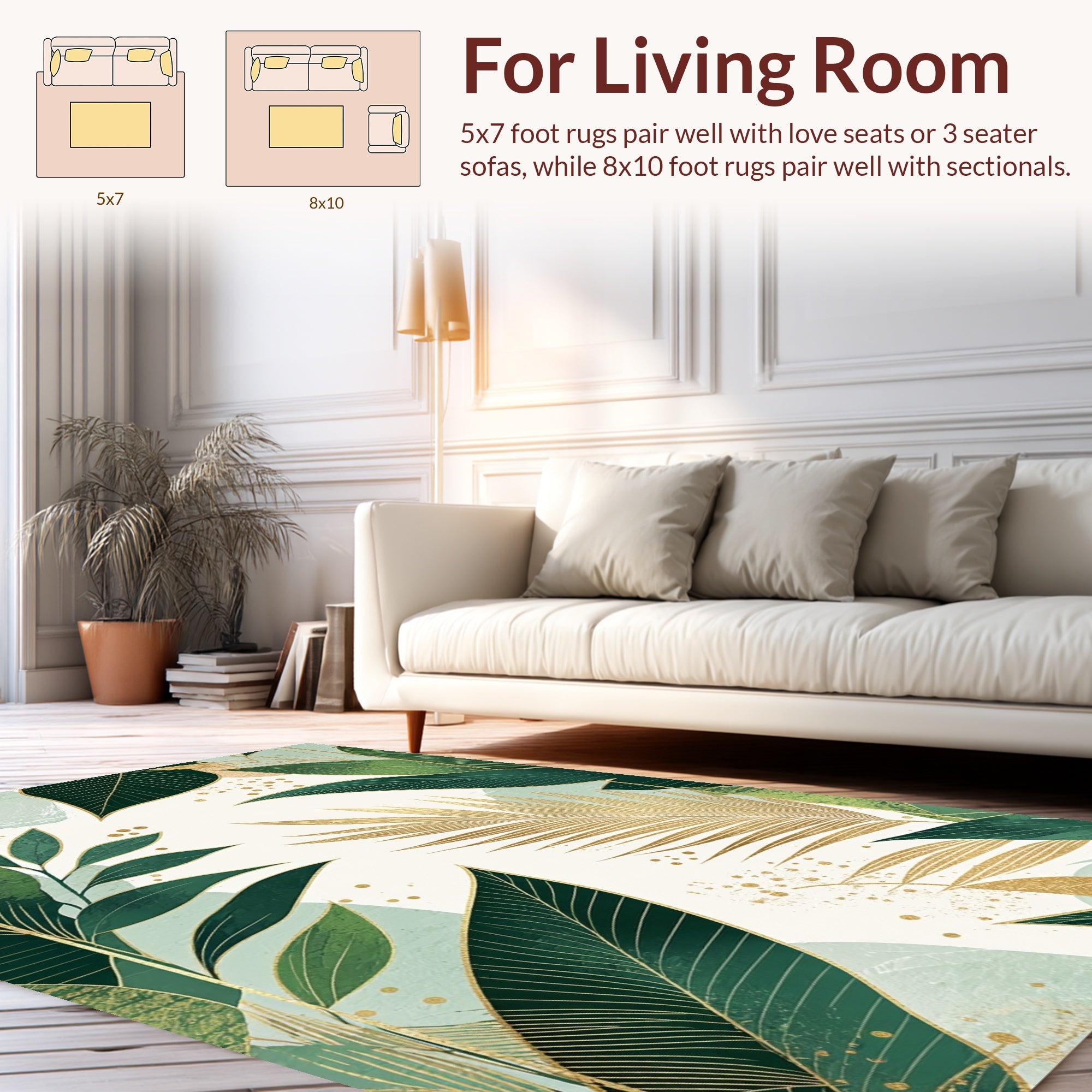 Tropical Green Gold Leaf Pattern Rug