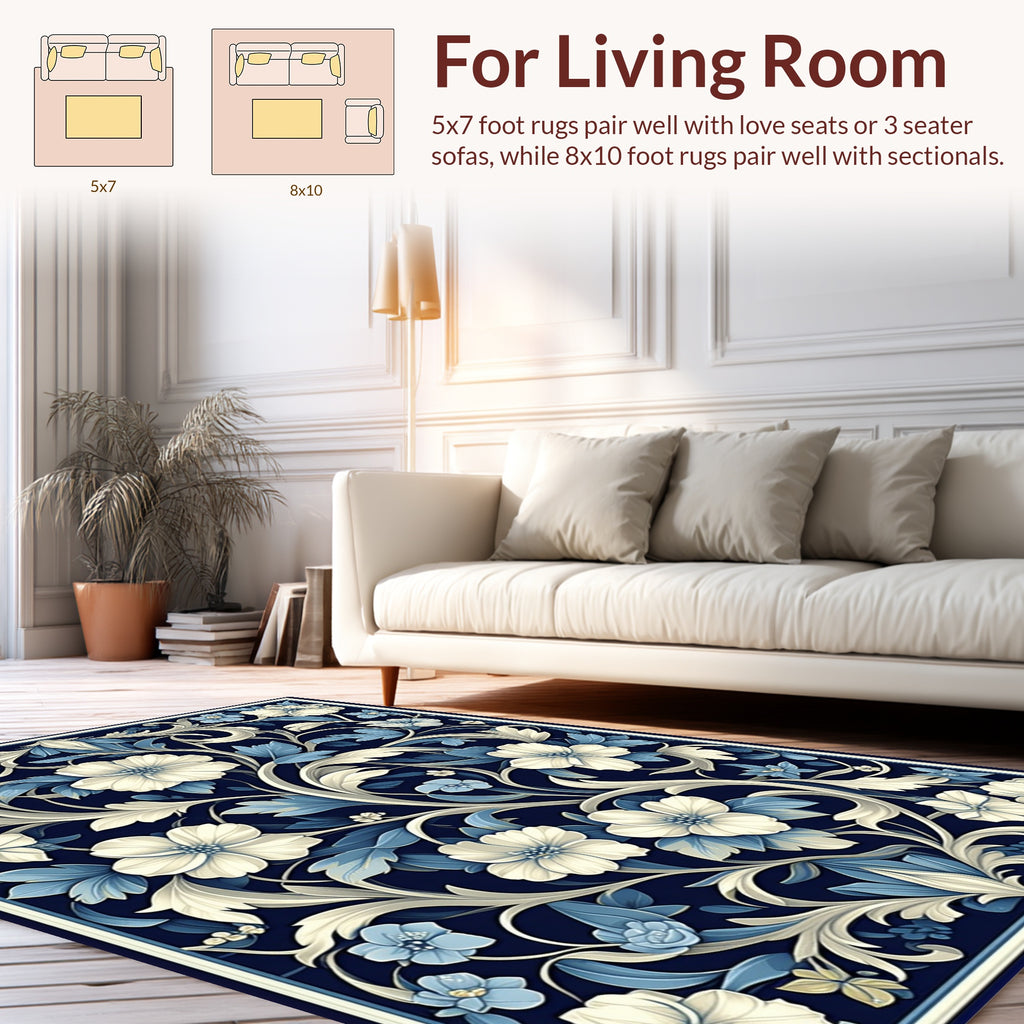 Navy Blue Floral Pattern Rug