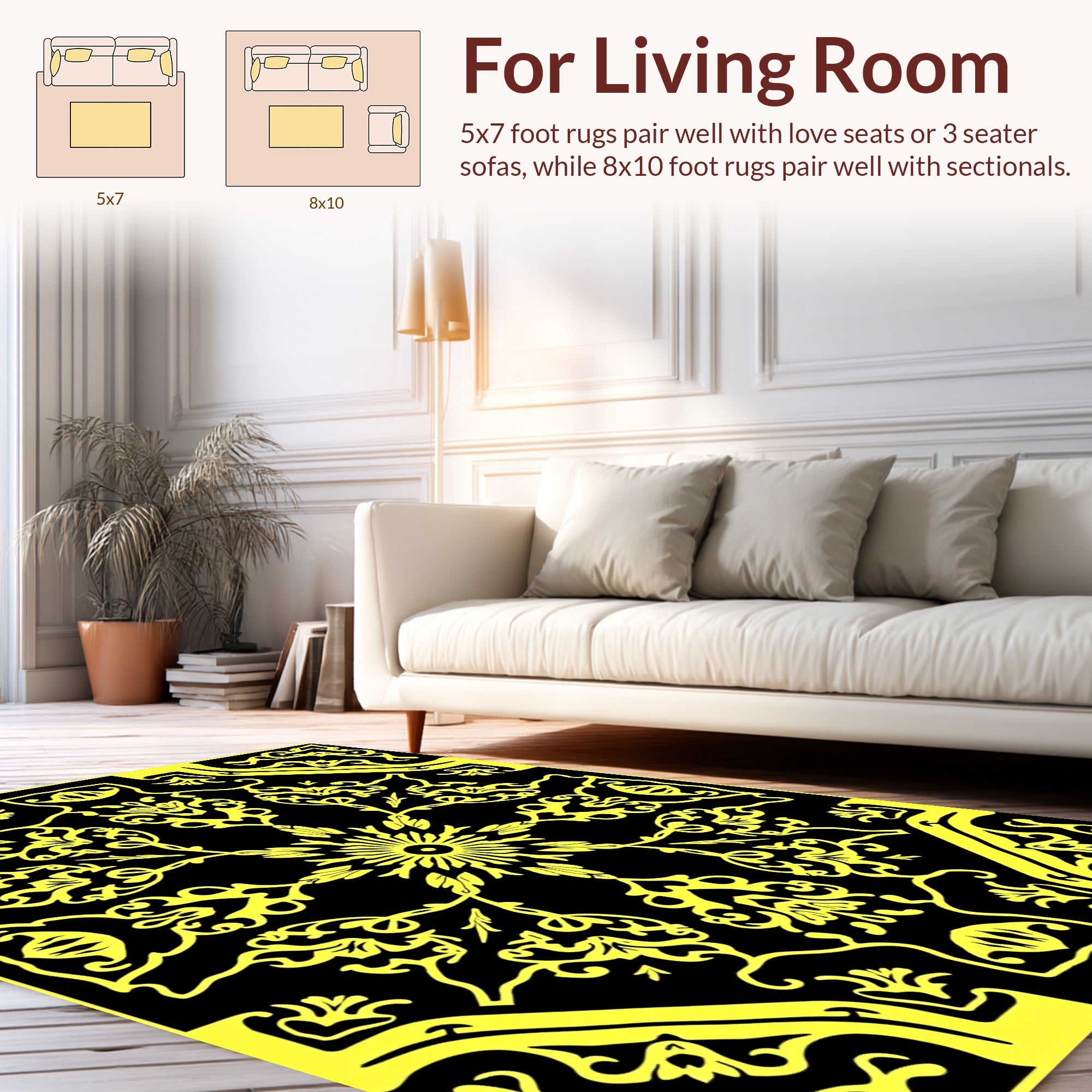 Bold Yellow Floral Symmetry Design Rug