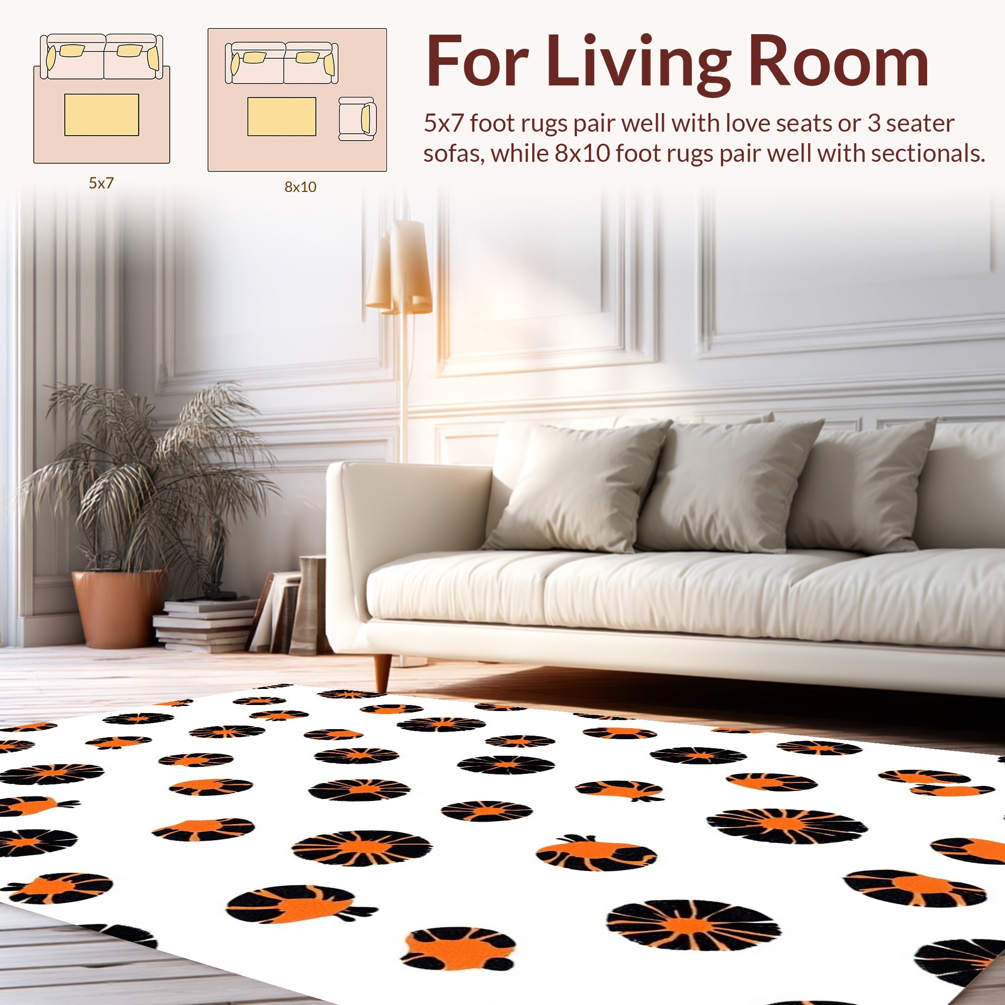 Orange Black Floral Round Pattern Rug