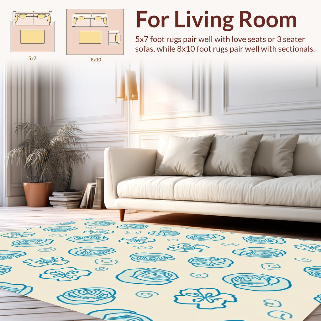 Hand-Drawn Blue Floral Swirl Pattern Rug