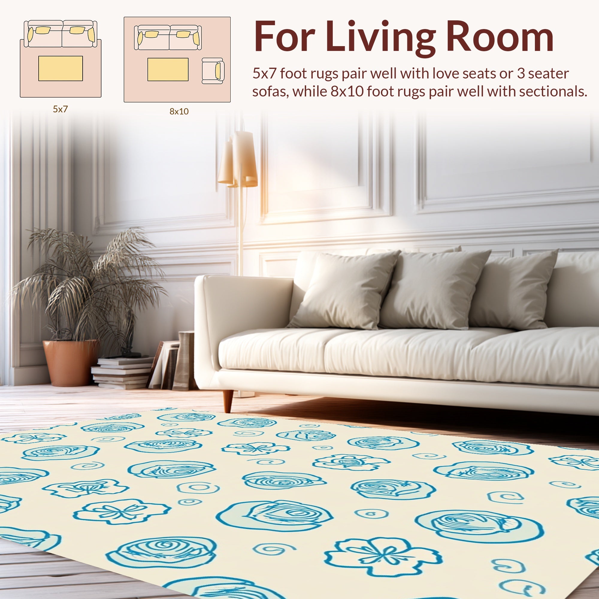 Hand-Drawn Blue Floral Swirl Pattern Rug