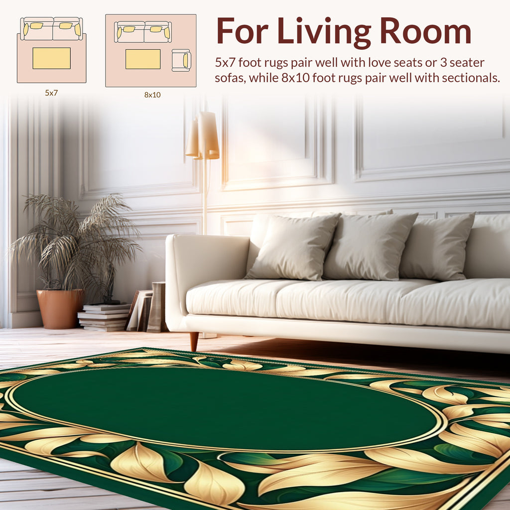 Art Nouveau Gold Leaf Green Floral Design Rug
