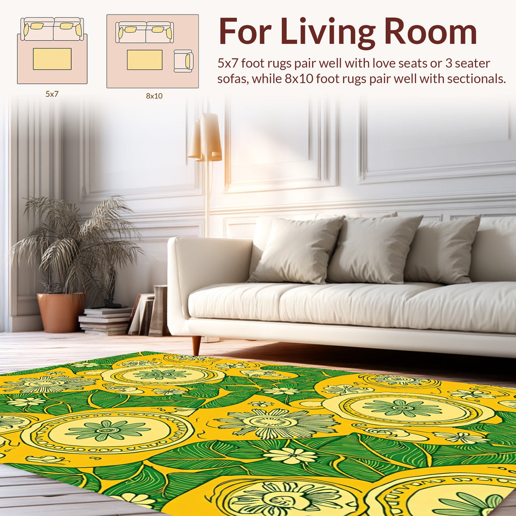 Vivid Yellow Green Floral Pattern Rug