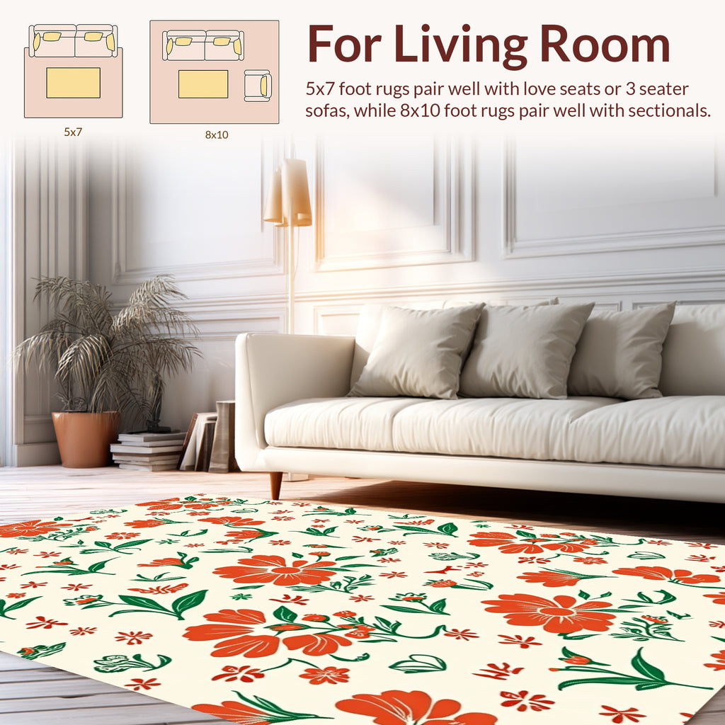 Bright Orange Floral Botanical Design Rug