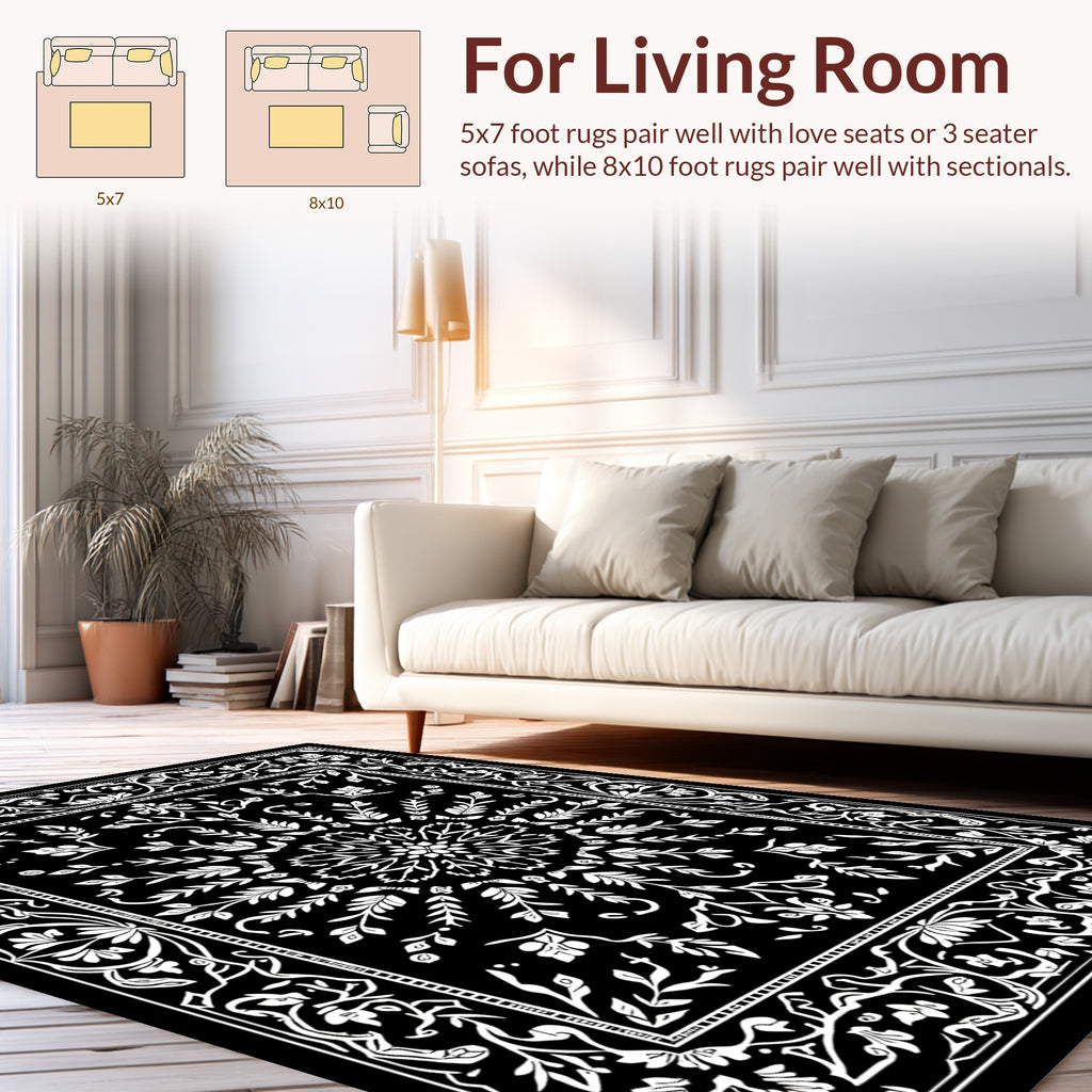 Elegant Black White Floral Medallion Rug