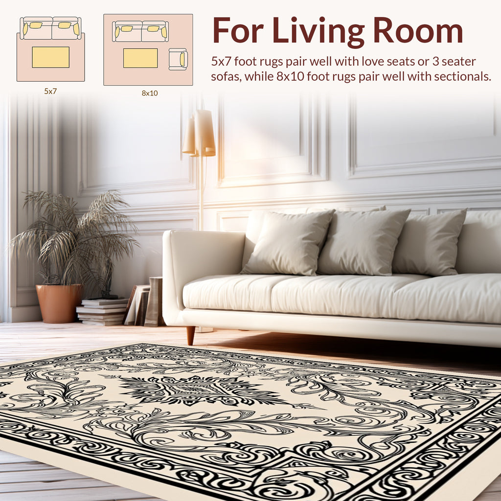 Ornate Floral Scrollwork Monochromatic Design Rug