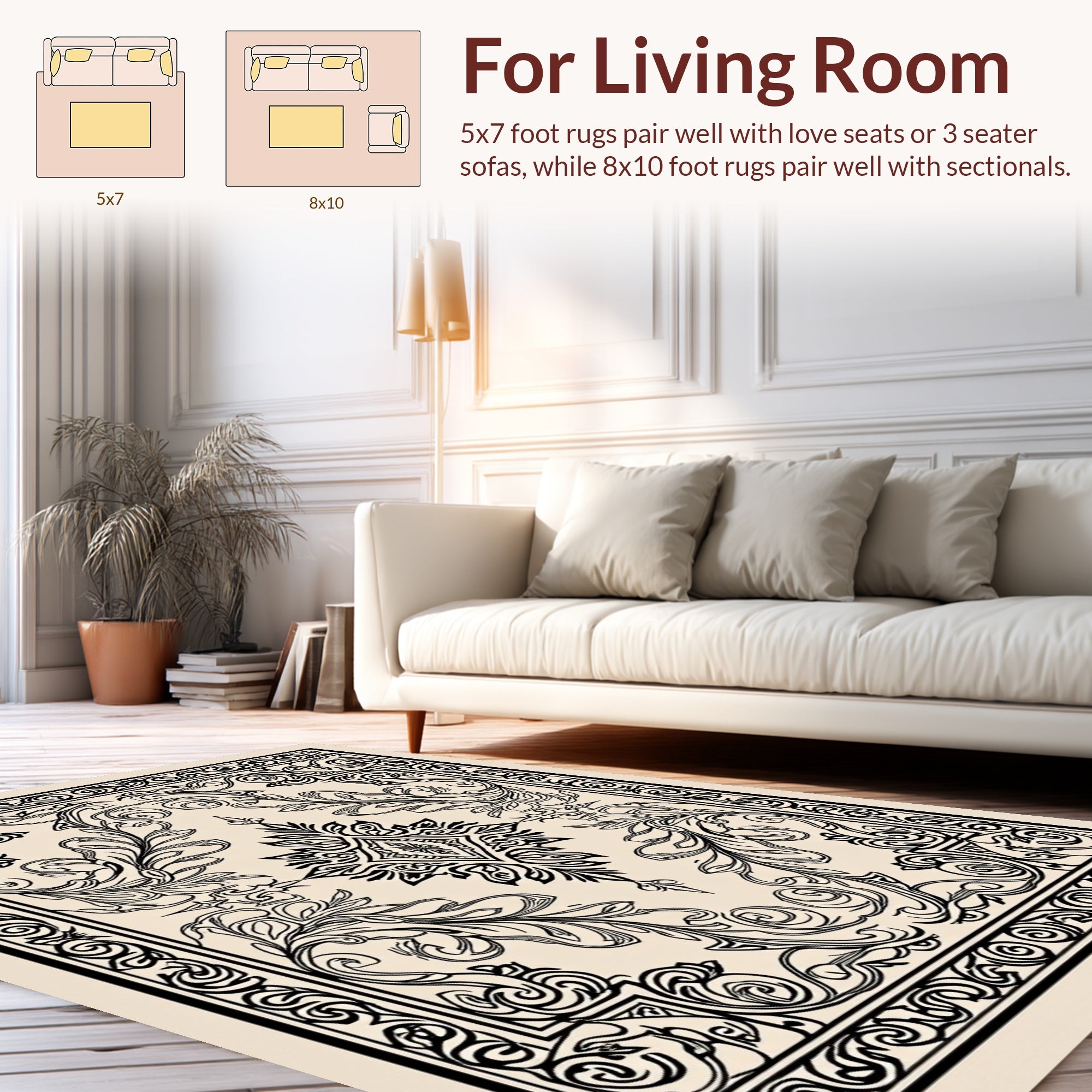 Ornate Floral Scrollwork Monochromatic Design Rug