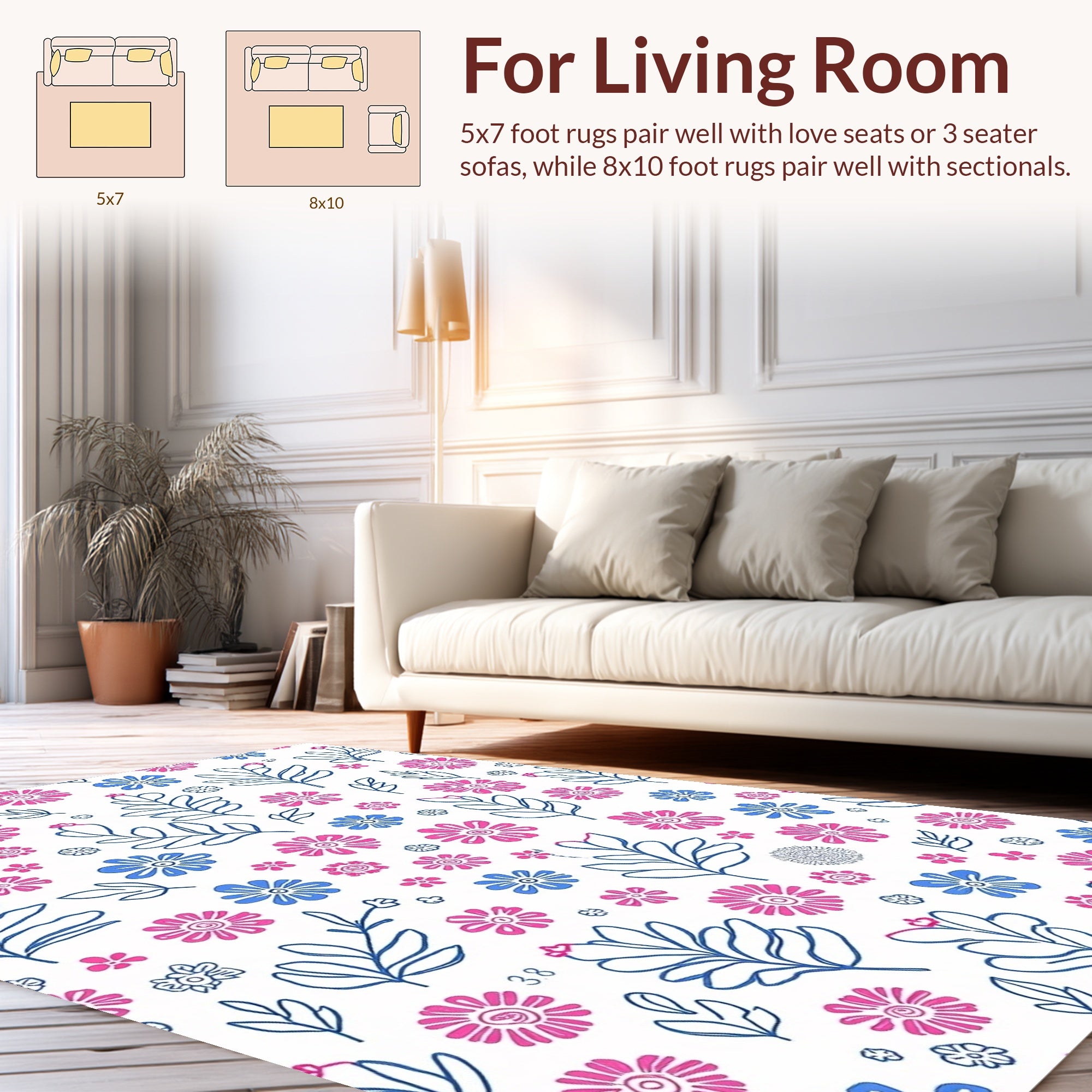 Pink Blue Floral Leaf Pattern Rug