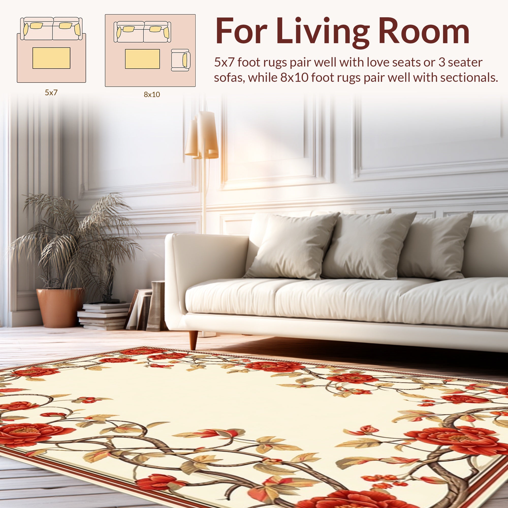 Rich Red Peony Floral Vine Border Rug
